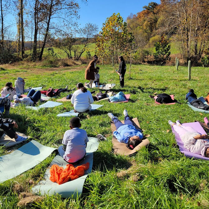 Group of people lying on mats in a grassy field with trees and clear sky