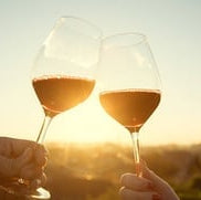 Two wine glasses being clinked together against a sunset sky.