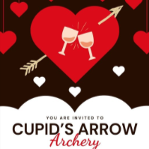 Invitation card for Cupid's Arrow Archery with a heart and arrow design on a dark background.