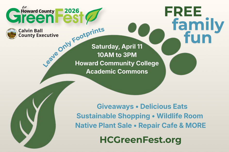 Promotional flyer for Howard County GreenFest 2026 with event details and green footprints design.