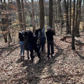 Group of people standing in a forest with bare trees and fallen leaves on the ground.