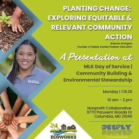 Promotional flyer for a presentation on equitable community action with a person holding a plant.